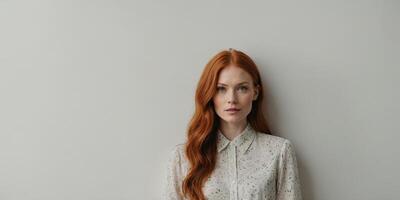 Red-haired woman wearing a patterned blouse stands against a neutral wall with a calm expression in a soft-lit setting photo