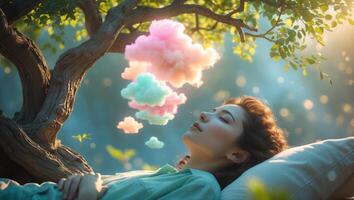 Relaxing young woman dreams under a tree with colorful clouds floating above on a serene afternoon photo