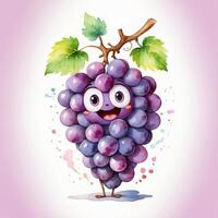 Cheerful cartoon grape character standing with a smile and leafy branch photo