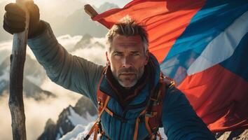 Climber celebrates summit achievement with flag and stunning mountain backdrop during sunset photo