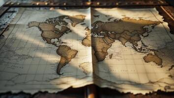 Vintage world map displayed on a wooden table with soft light highlighting intricate details and rich history of global geography photo