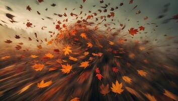 Autumn leaves swirl in a gentle breeze creating a vibrant display of colors during sunset in a tranquil park photo