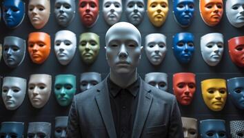 Mysterious mannequin stands in front of a wall adorned with colorful, varied masks in an eerie display at an art installation photo