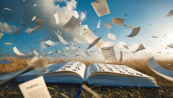 Pages flying from an open calendar book in a windy field under a bright blue sky during daylight photo