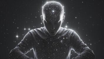 Boy exploring cosmic wonders with a glowing starlit aura in a dark setting at night photo