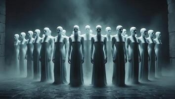 Certain figures in white gowns stand in formation within a misty, dimly lit space at night photo