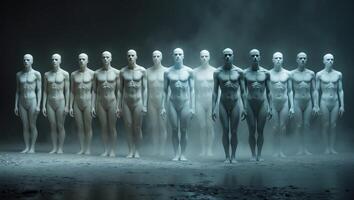 Artistic representation of humanoid figures in foggy space, exploring identity and existence in a captivating display photo