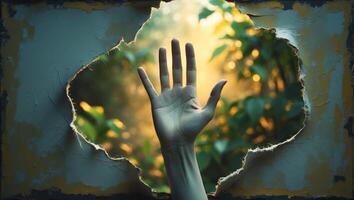Hand reaching through a torn backdrop with greenery and sunlight in a serene environment photo