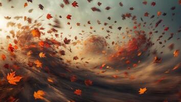Autumn leaves swirling in the wind during a tranquil sunset creating a mesmerizing natural spectacle photo