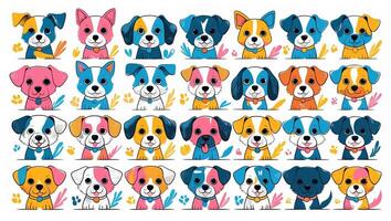 Colorful collection of cartoon dogs showcasing various breeds and playful expressions in a cheerful design photo