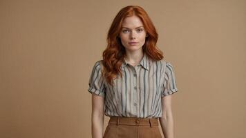 Model wearing a striped shirt and brown trousers poses against a neutral background in a fashion studio setting photo