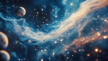 Cosmic exploration reveals vibrant nebulae and distant planets in the vastness of space at twilight photo
