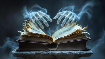 Mysterious hands hovering over an ancient book emanating an ethereal glow during a night scene photo