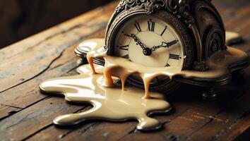Melted clock with creamy substance flowing on weathered wooden table in artistic setting photo