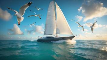 Sailing against the backdrop of a vibrant sky and seagulls gliding over the ocean at sunset photo