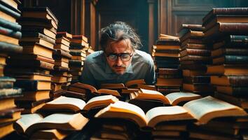 Man immersed in reading surrounded by stacks of old books in a vintage library during daylight photo
