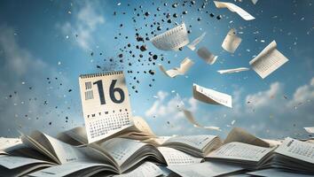 Creative representation of time with floating calendar sheets in the sky photo