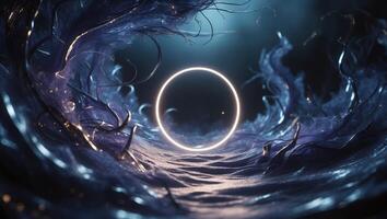 Abstract representation of swirling water with a glowing ring at night in a mystical environment photo