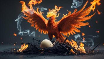 Majestic phoenix emerging from flames near an egg, symbolizing renewal and rebirth in a mystical setting photo