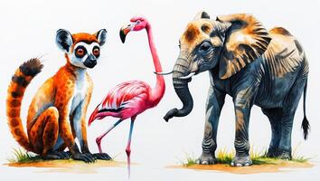 Colorful illustration featuring a lemur, flamingo, and elephant in a playful interaction in a vibrant jungle setting photo