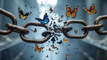 Colorful butterflies emerging from a broken chain in a dreamlike environment during daylight photo