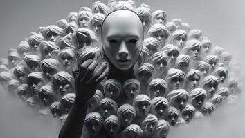 Masked figures surround a central face in an artistic display evoking themes of identity and perception photo