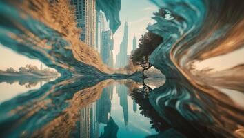 Surreal landscape reflection showcasing urban skyline with distorted elements and vibrant colors at dawn photo