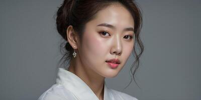 Elegant woman wearing traditional attire poses gracefully with soft expression against neutral backdrop photo