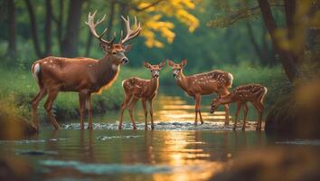 Four deer including a fawn standing in a serene stream surrounded by trees at golden hour photo