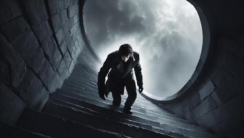 Dark figure climbing stairs beneath a stormy sky in an eerie setting during twilight photo