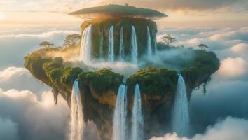 Majestic floating island with cascading waterfalls and lush vegetation above the clouds during sunrise photo