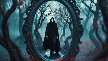 Mysterious figure emerging from a mirror cast in a dark, enchanted forest during twilight photo