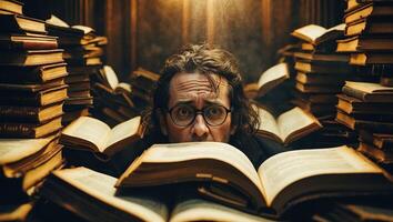 Man surrounded by stacks of old books in a dimly lit library while studying intently at dusk photo
