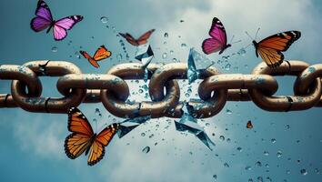 Bright butterflies surround a broken chain under a cloudy sky during daylight photo