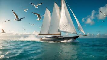 Sailing through clear blue waters with seagulls flying overhead during a bright sunny day photo