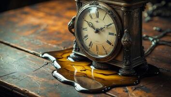 Clock melting on wooden table with a surreal and artistic touch, showcasing the fragility of time photo
