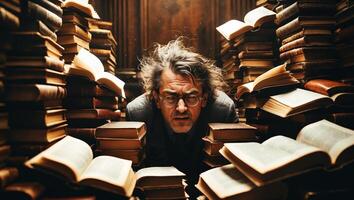 Curious researcher exploring a vast collection of ancient books in a dimly lit library photo