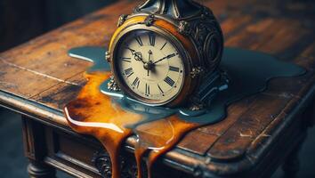 Melting clock on wooden table creates a surreal time distortion in an artistic setting photo