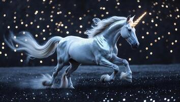 Majestic unicorn galloping through a starry night sky with sparkling background elements photo