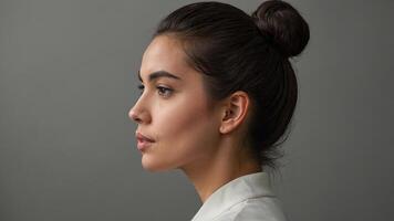 Female model poses against a neutral background showcasing a side profile with a calm expression photo