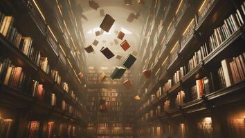 Floating books in a grand, dimly lit library evoke a sense of magic and wonder during twilight hours photo