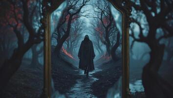 Mysterious figure walks through a dark forest reflected in an ancient mirror during twilight photo