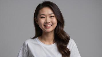 Smiling young woman with long hair poses against a neutral background during a studio photoshoot showcasing confidence and joy photo