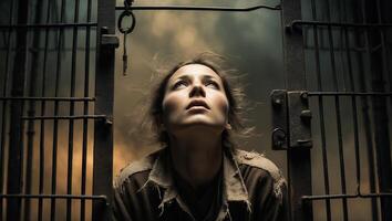 Woman gazing upward from a prison cell with a key hanging nearby, conveying a sense of hope and desperation in a dramatic setting photo