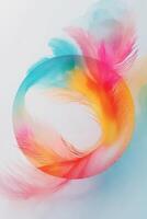Colorful feathers create a vibrant abstract design resembling a circular shape in artistic expression photo