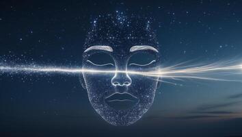 Cosmic artwork depicting a serene face with a starry background and radiant energy flowing through the center photo