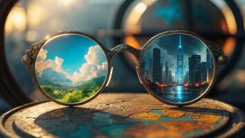 Creative contrast between nature and urban environment through unique glasses displaying mountains and a city skyline photo