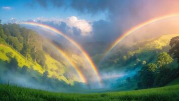 Majestic double rainbow arches over lush green hills and misty valley under a bright sky at dawn photo