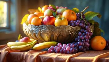 Fresh fruit display in a decorative bowl with sunlight illuminating colorful varieties during afternoon photo