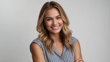 Smiling woman in casual outfit poses confidently with crossed arms against a neutral background photo
